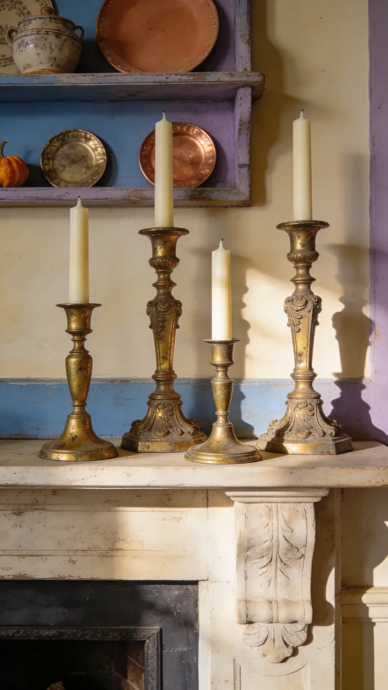 Add Aged Brass Candlesticks - french country fall mantel decor idea