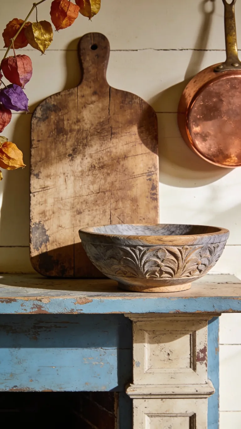 Layer in Weathered Wood - french country fall mantel decor idea