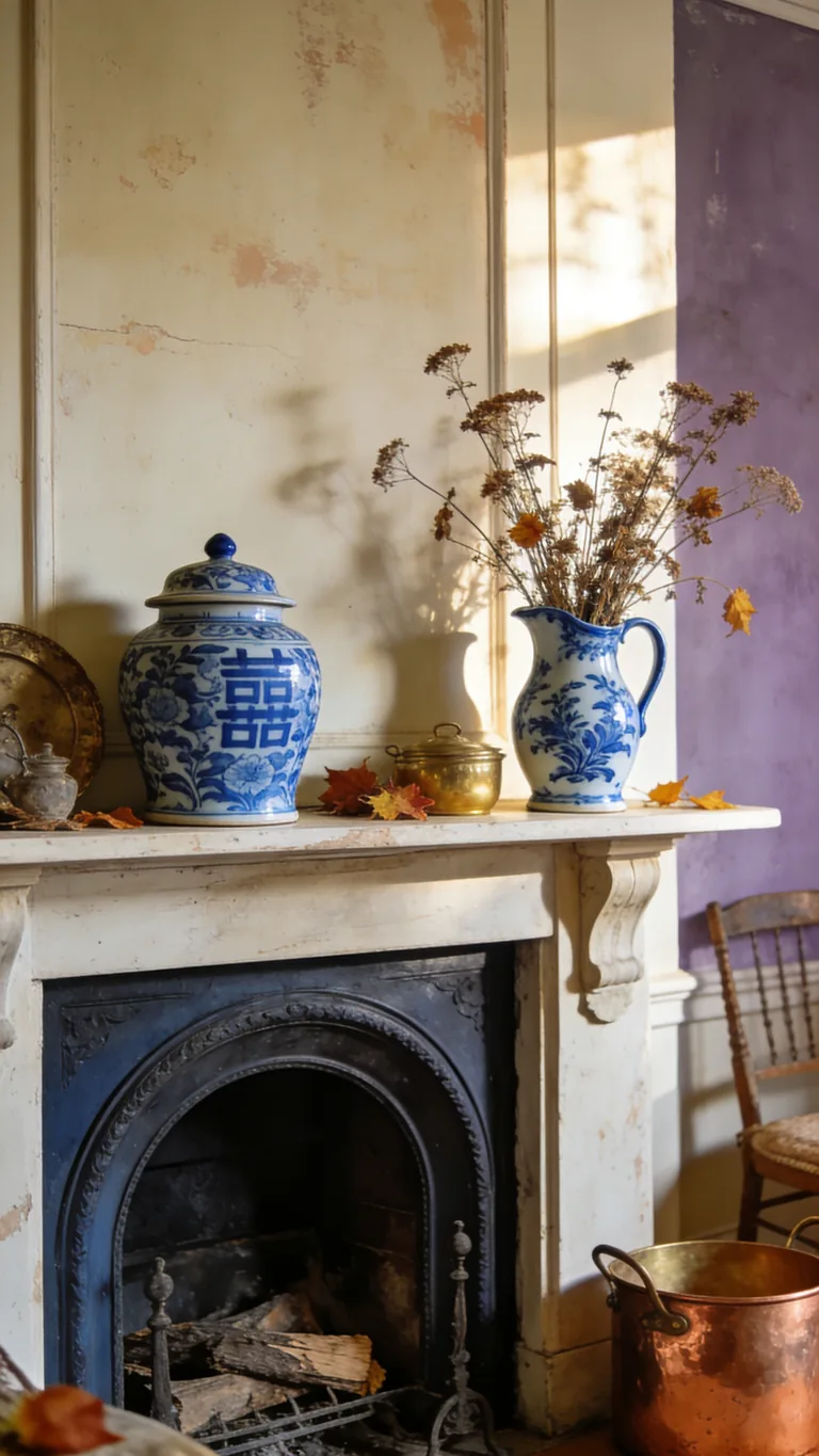 Add a Touch of Blue and White - french country fall mantel decor idea