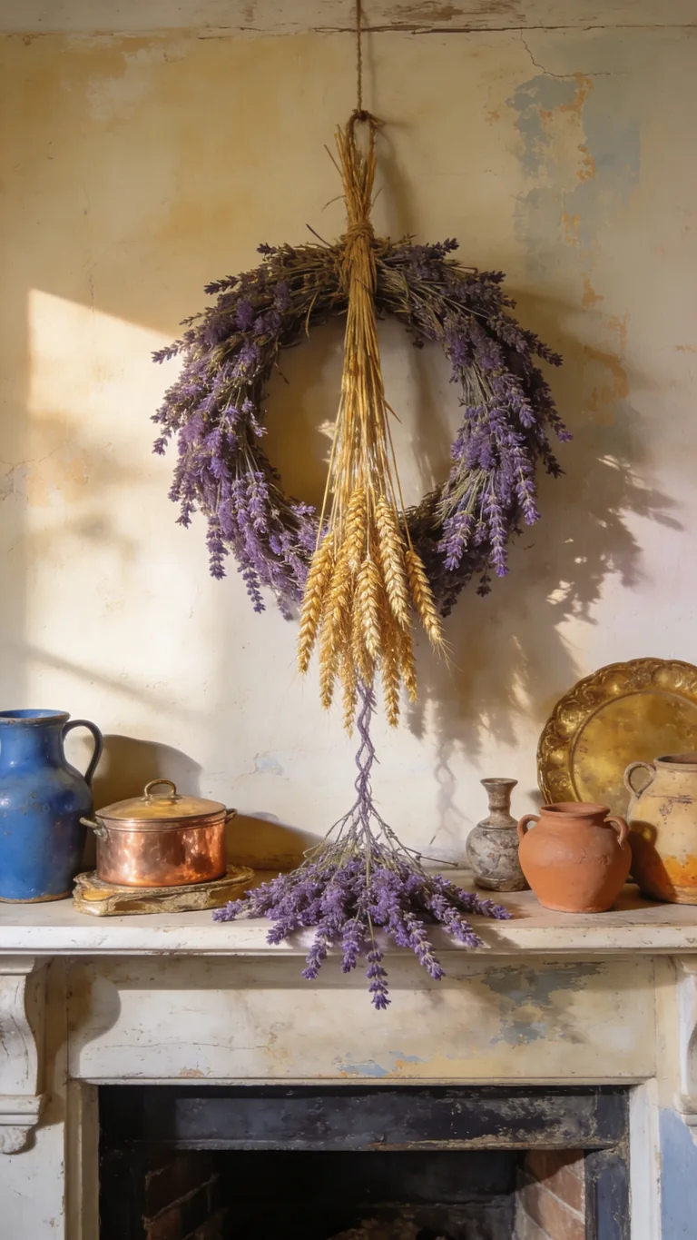 Hang a Dried Lavender or Wheat Wreath - french country fall mantel decor idea