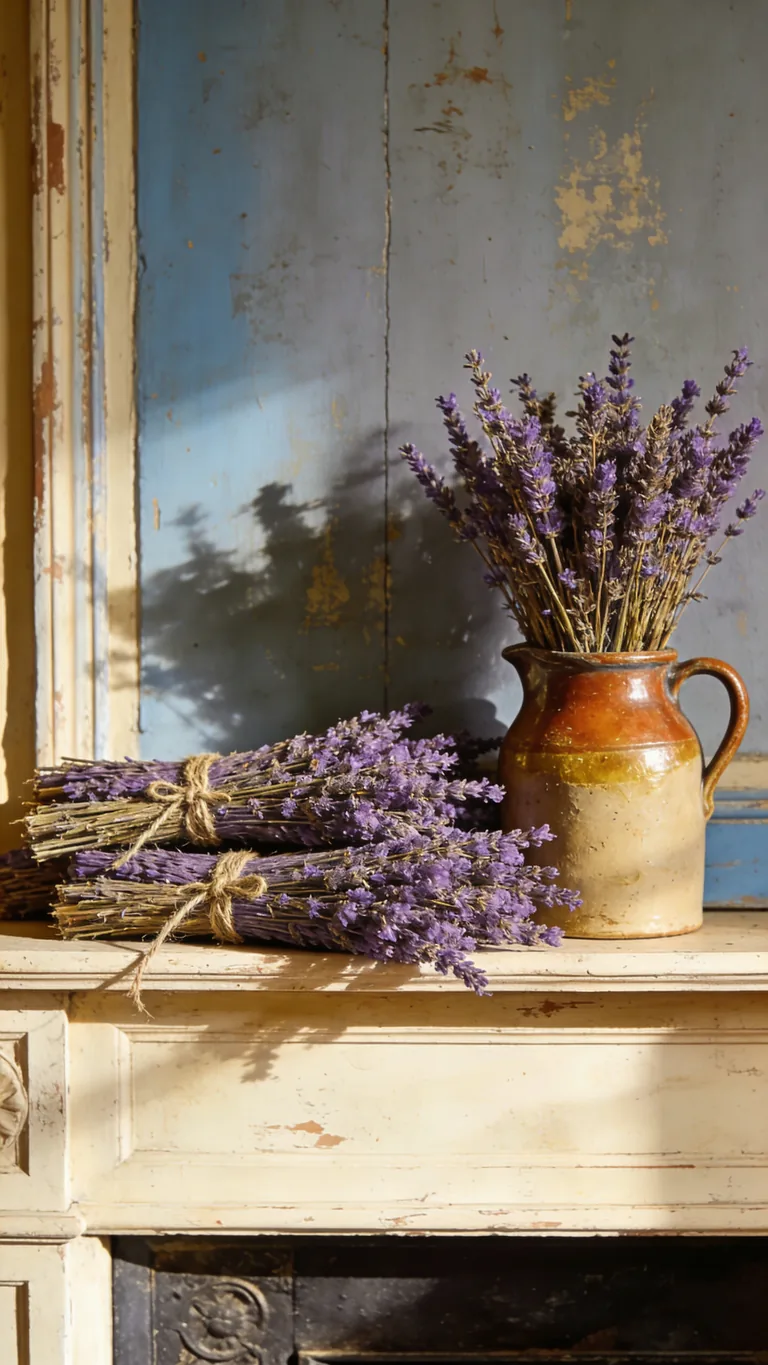 Add Dried Lavender - french country fall mantel decor idea