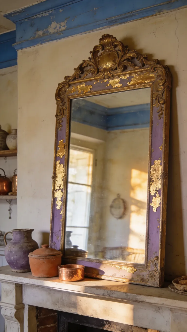 Lean a Faded Gilt Mirror - french country fall mantel decor idea