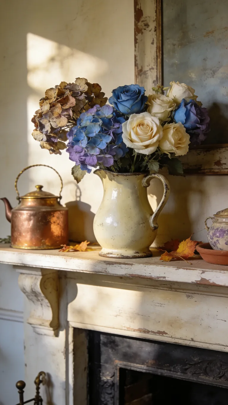 Display Faded Florals - french country fall mantel decor idea