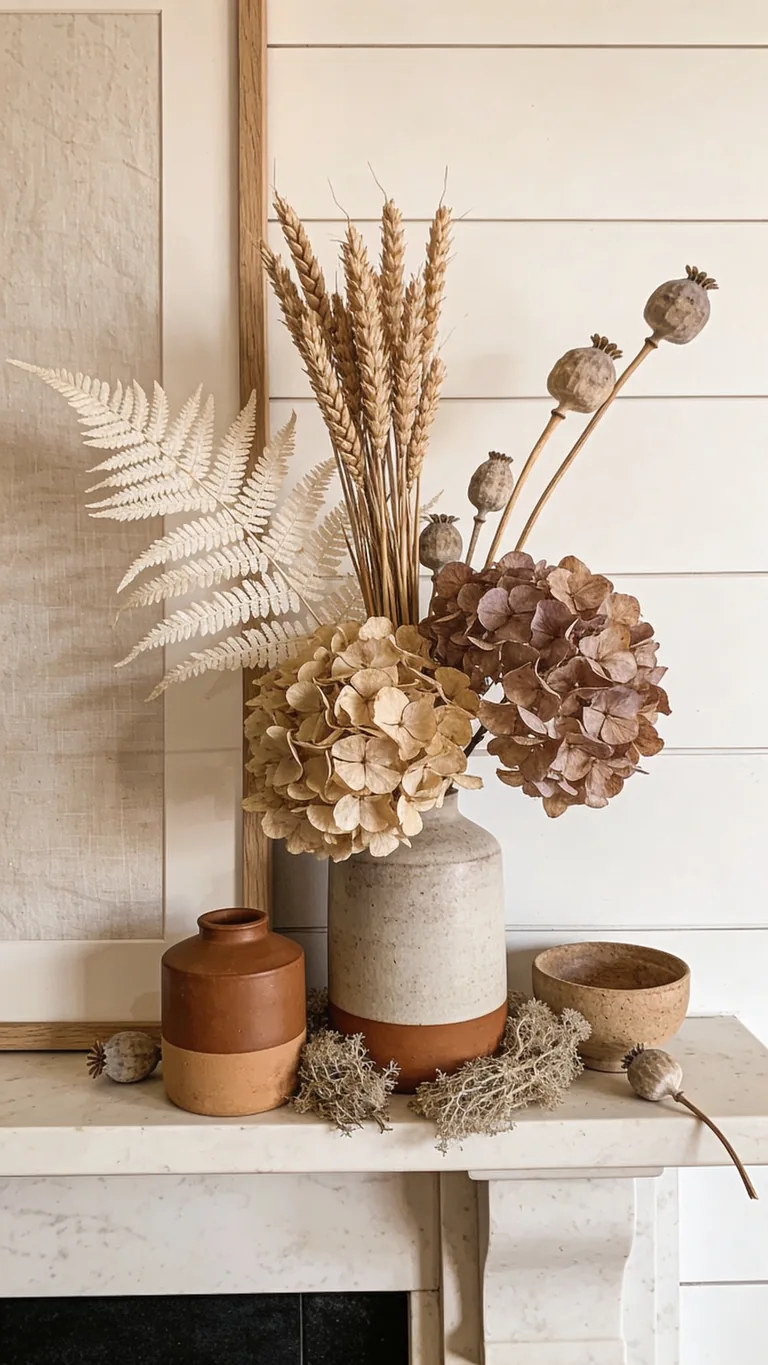 Include Dried Botanicals - neutral fall mantel decor idea