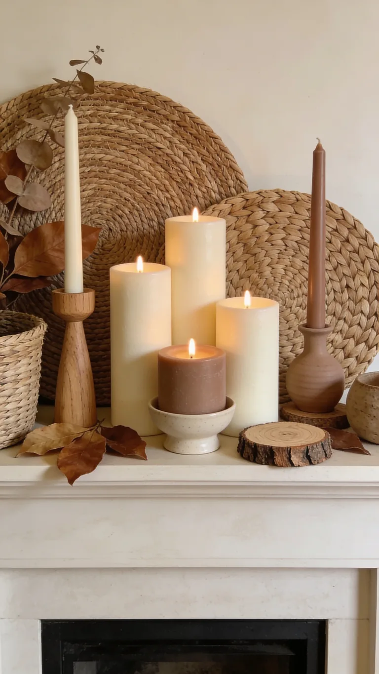 Keep Candles Soft and Warm - neutral fall mantel decor idea