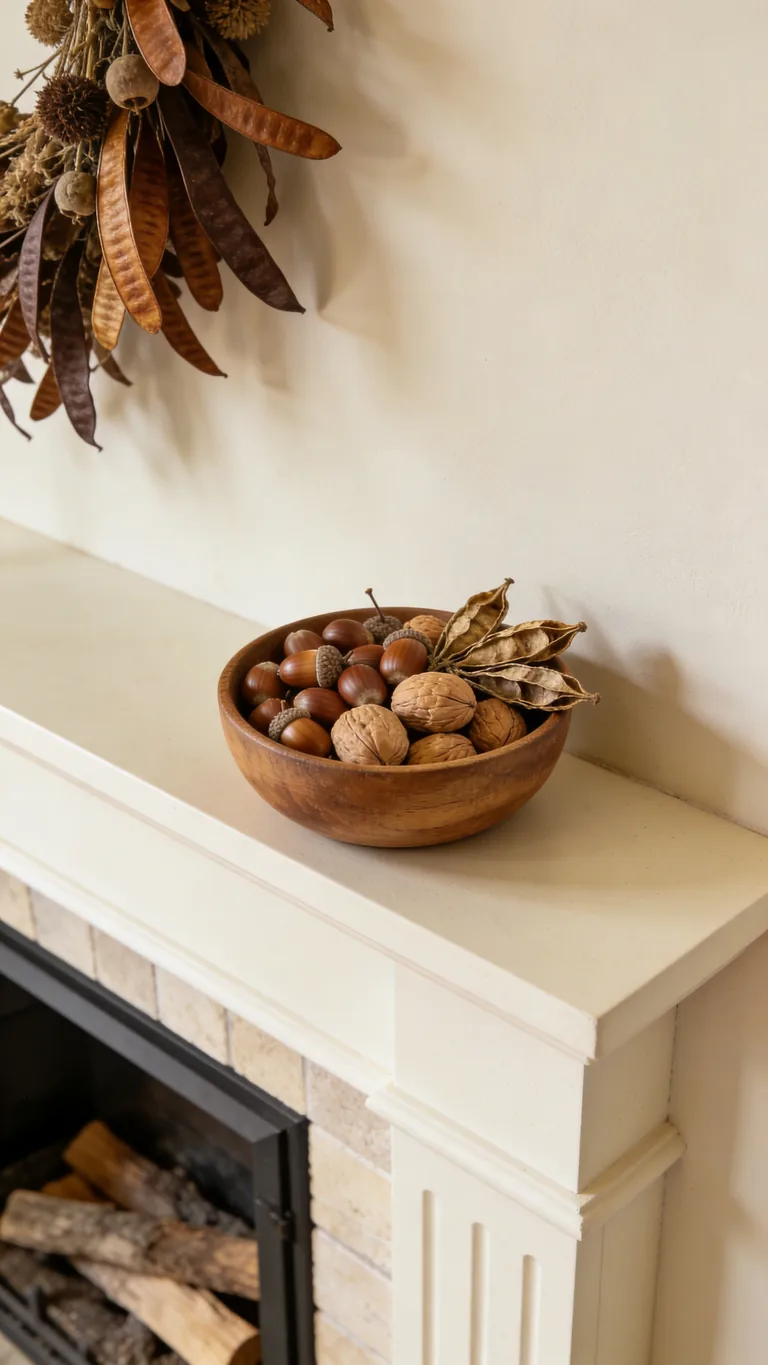 Add a Bowl of Natural Elements - neutral fall mantel decor idea