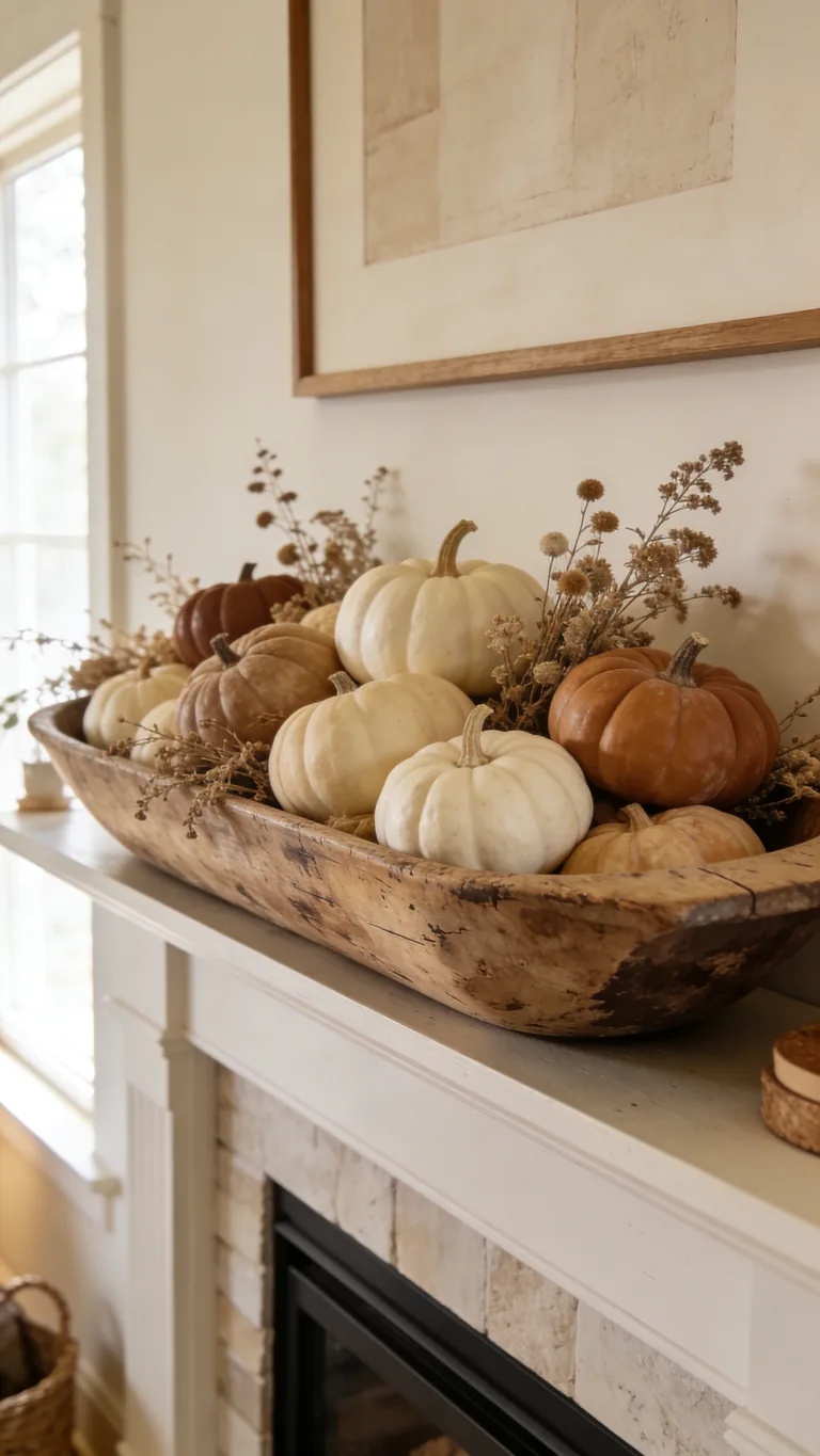 Use a Dough Bowl Centerpiece - neutral fall mantel decor idea