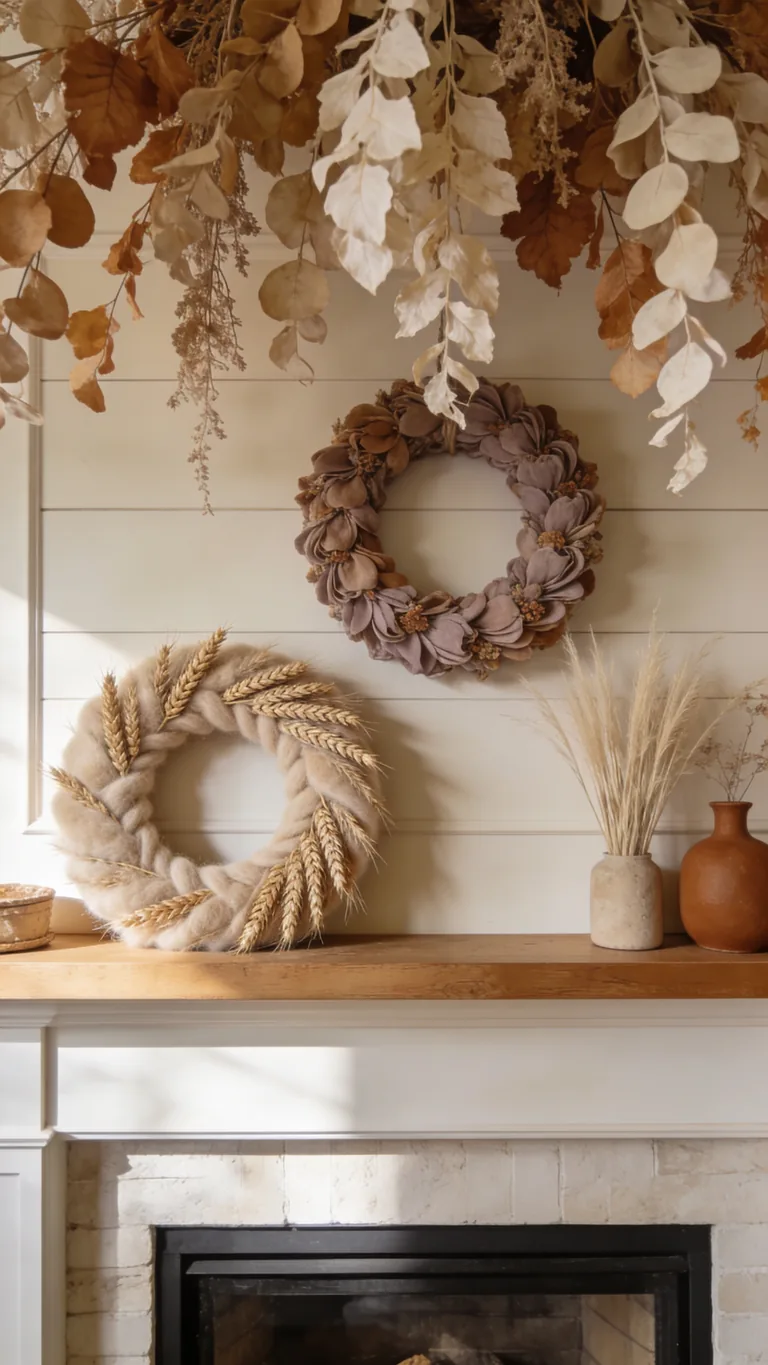 Add a Soft Wreath - neutral fall mantel decor idea