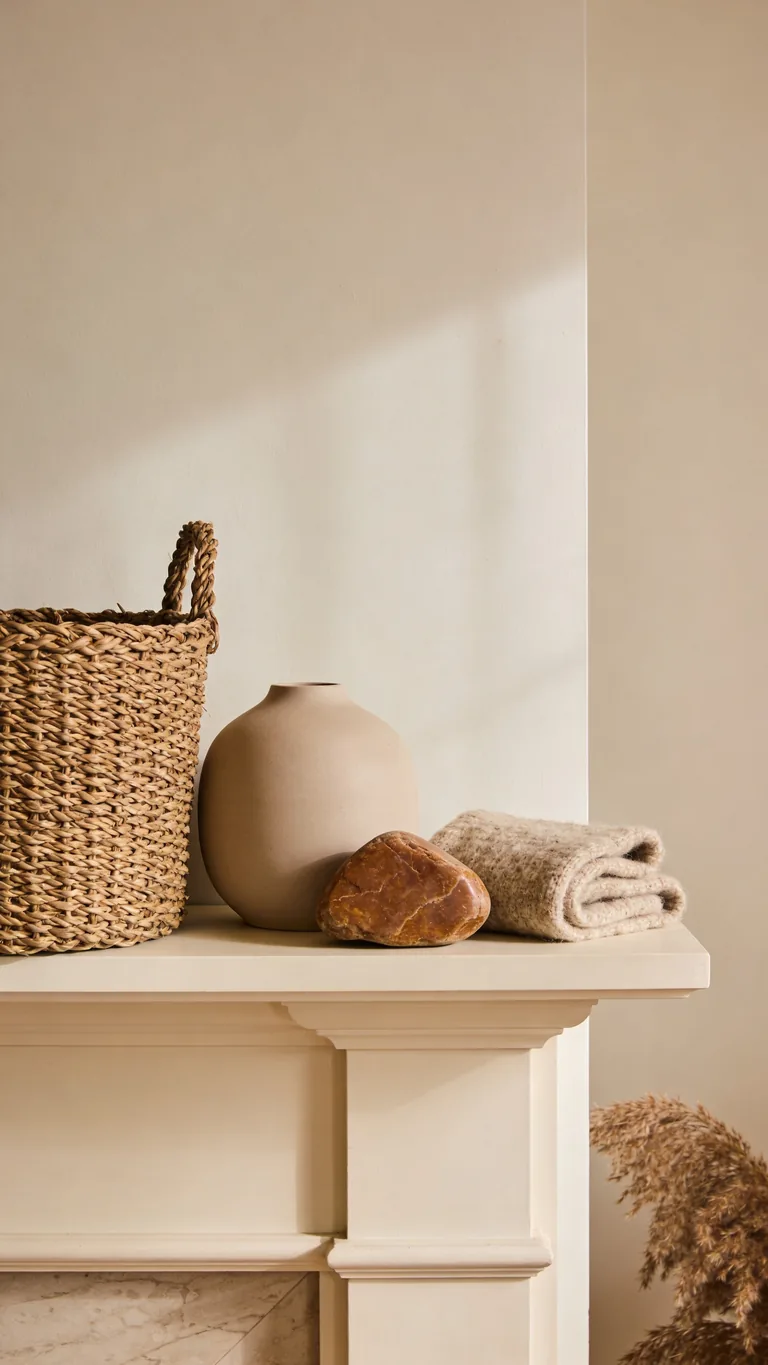 Mix Smooth and Rough - neutral fall mantel decor idea