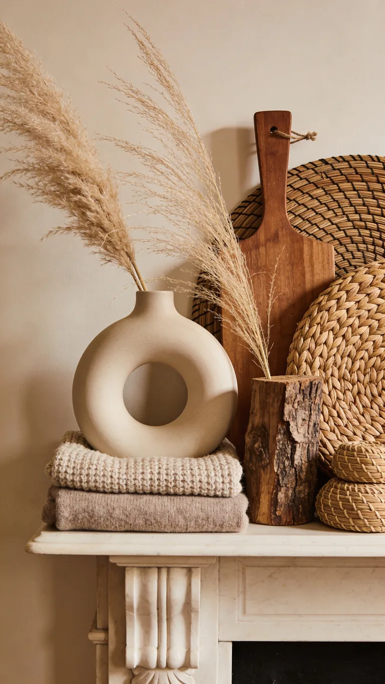 Layer Different Textures - neutral fall mantel decor idea