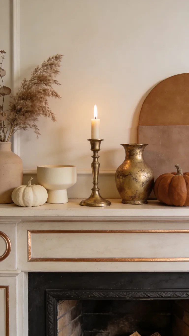 Add Subtle Metallic Warmth - neutral fall mantel decor idea