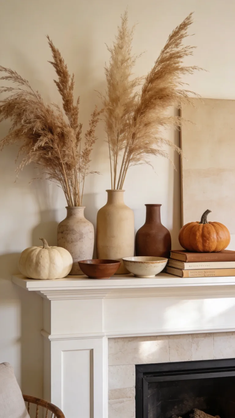 Vary Your Heights - neutral fall mantel decor idea
