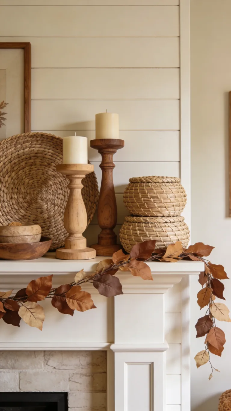 Echo Your Neutral Living Room - neutral fall mantel decor idea