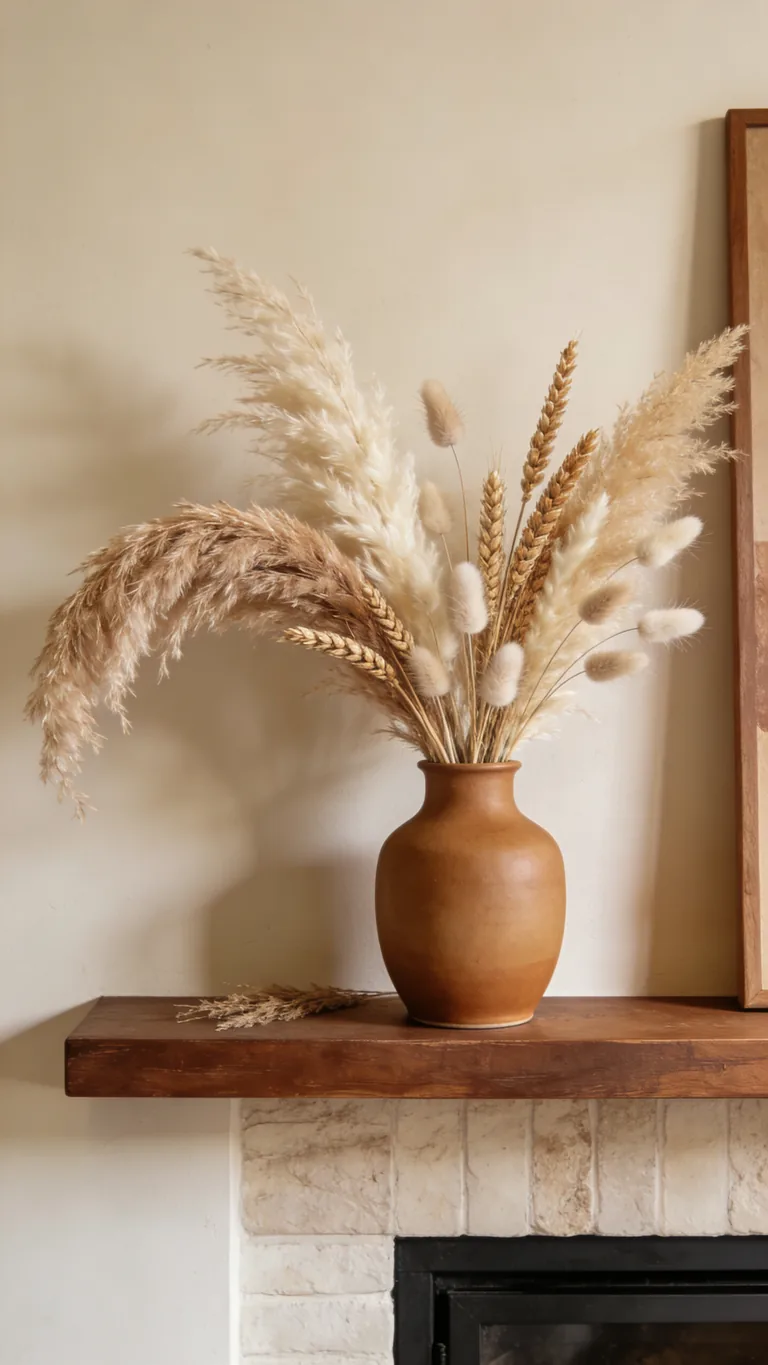 Add Dried Grasses and Pampas - neutral fall mantel decor idea