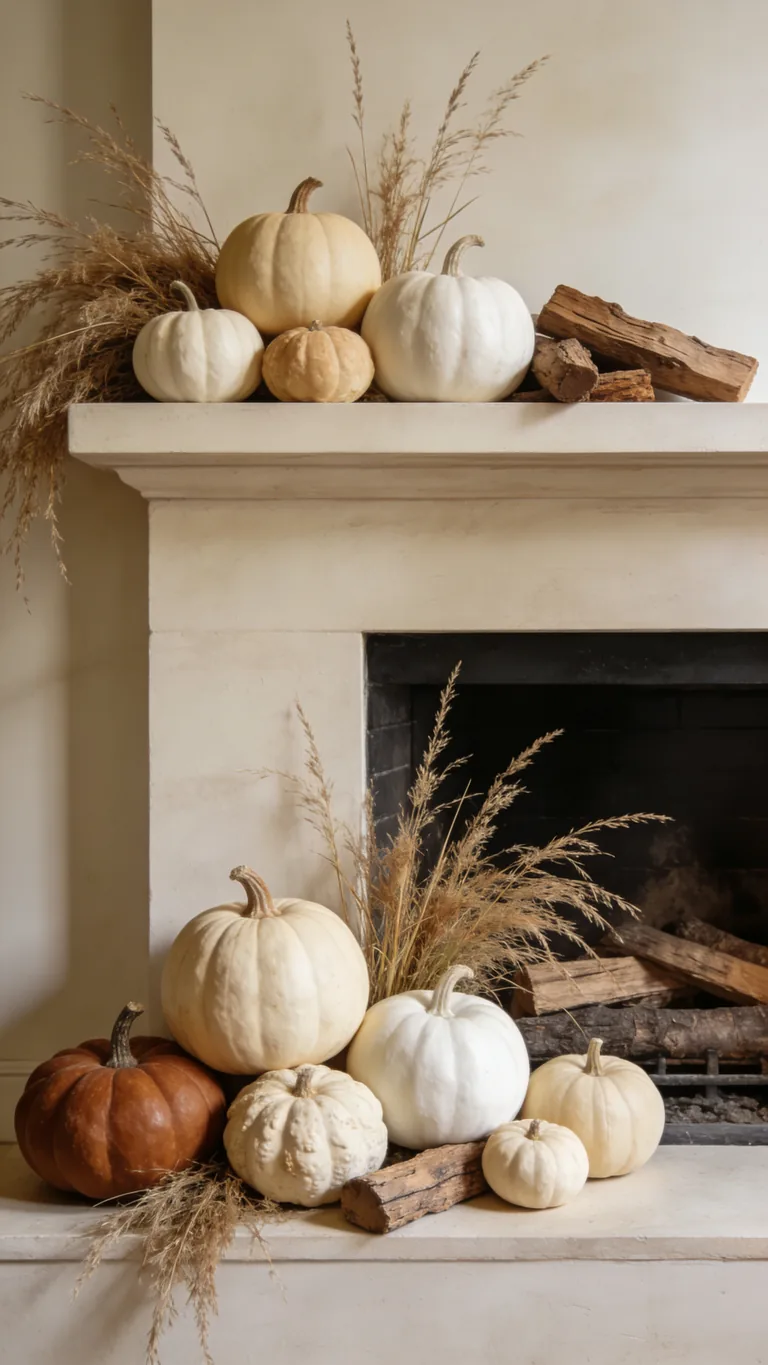 Use Cream and White Pumpkins - neutral fall mantel decor idea