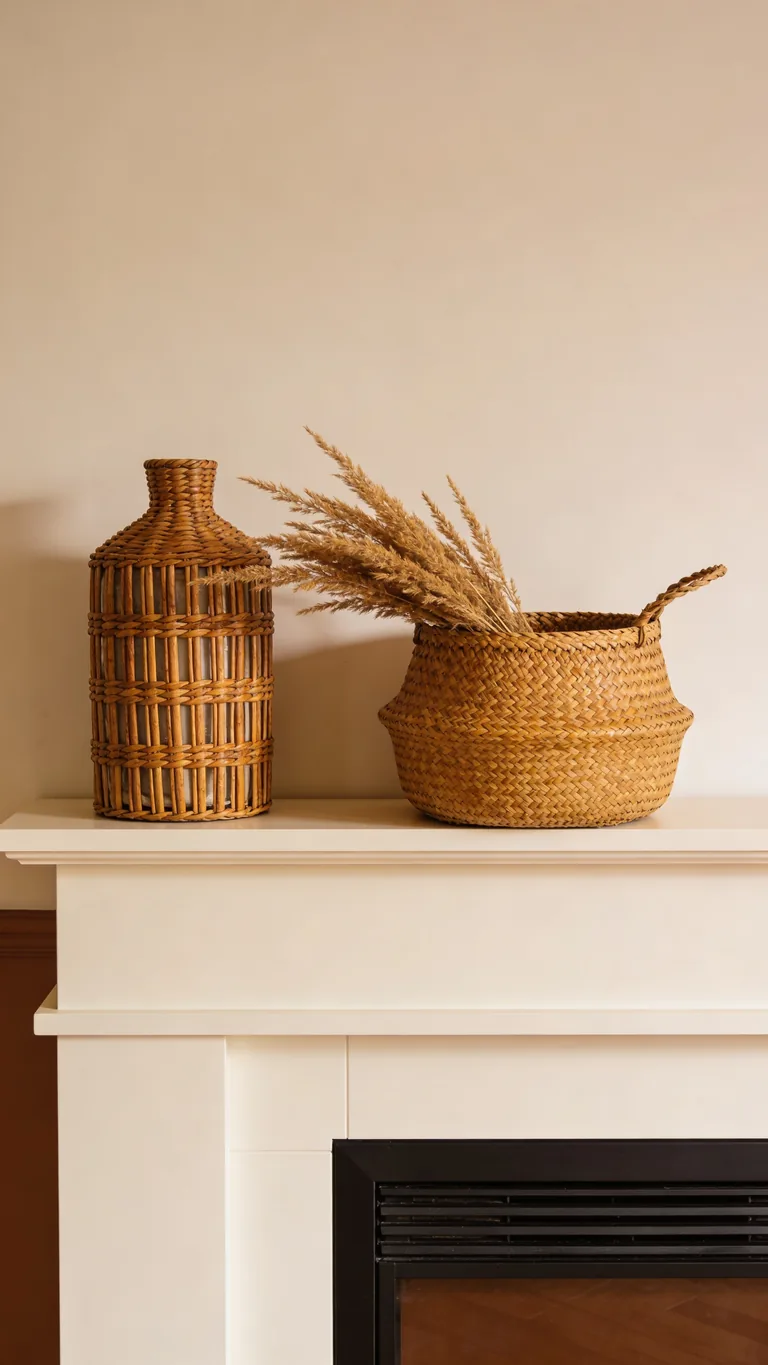 Add Woven Texture - neutral fall mantel decor idea