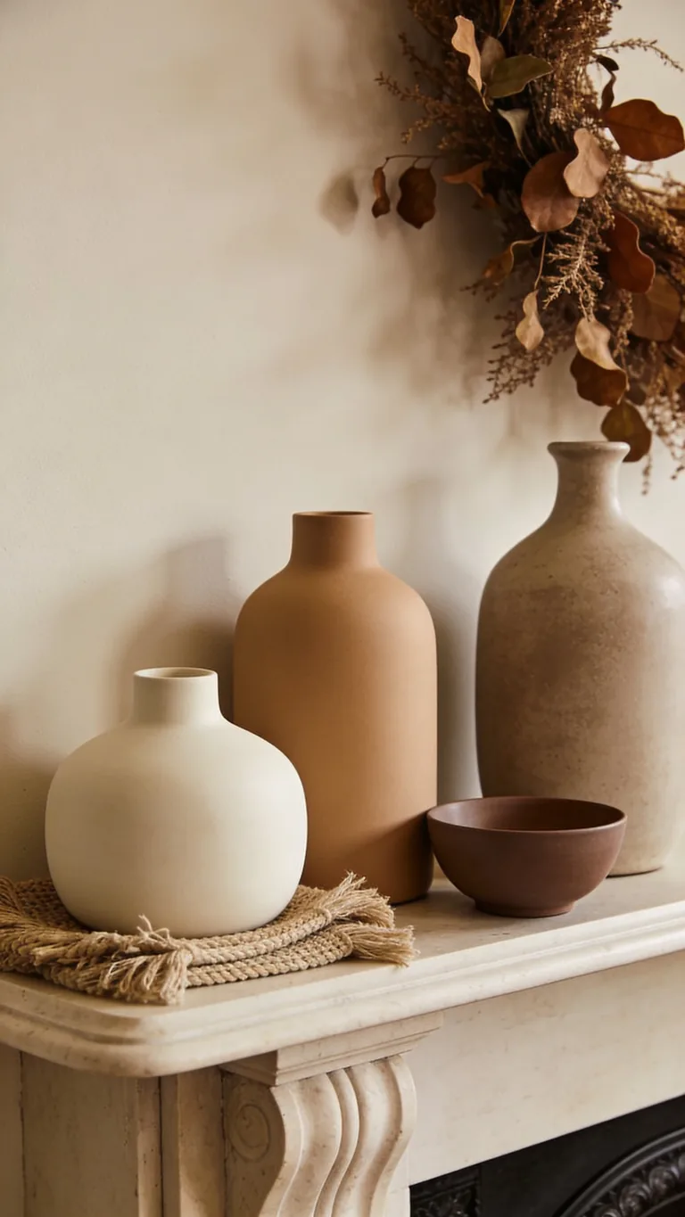 Use Matte Ceramics - neutral fall mantel decor idea
