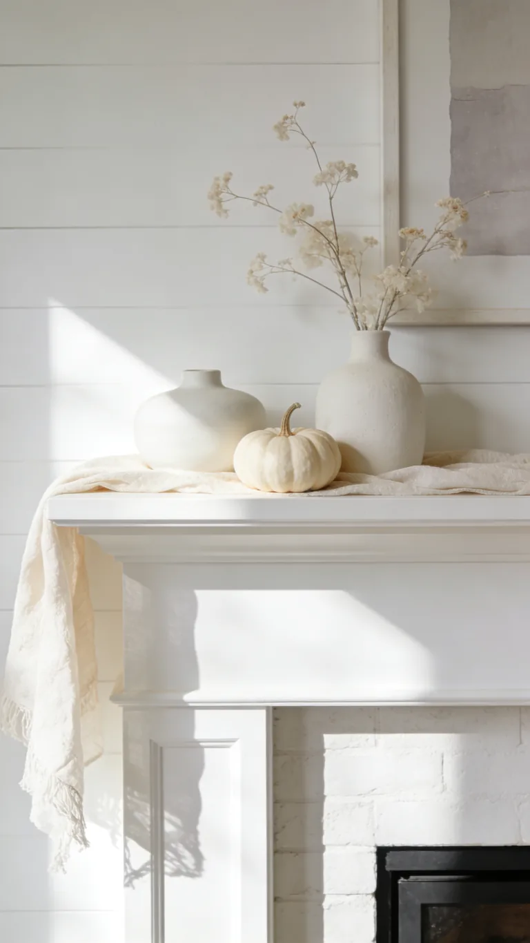Start With a Soft White Base - white and cream fall mantel decor idea