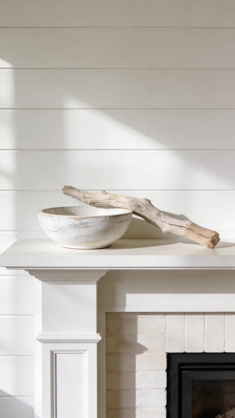 Include White-Washed Wood - white and cream fall mantel decor idea