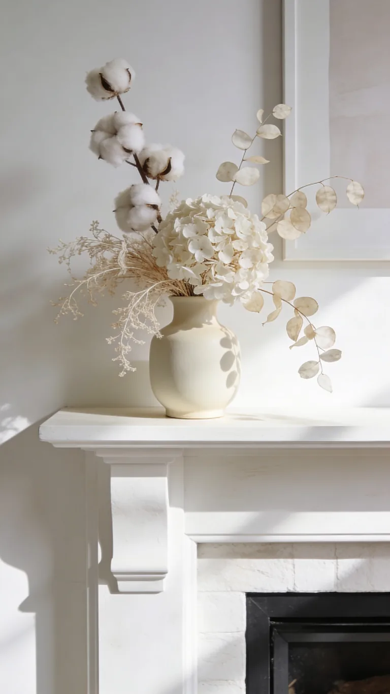 Add Dried White Florals - white and cream fall mantel decor idea
