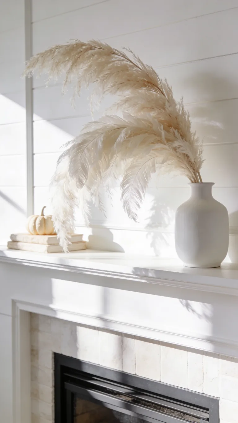 Try Pampas and White Grasses - white and cream fall mantel decor idea