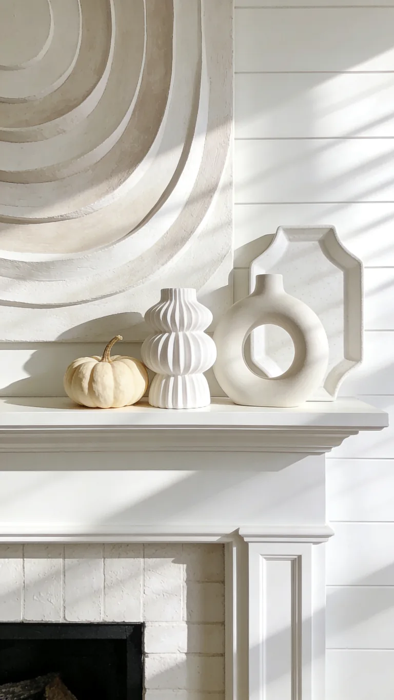 Add Subtle Shadow and Depth - white and cream fall mantel decor idea