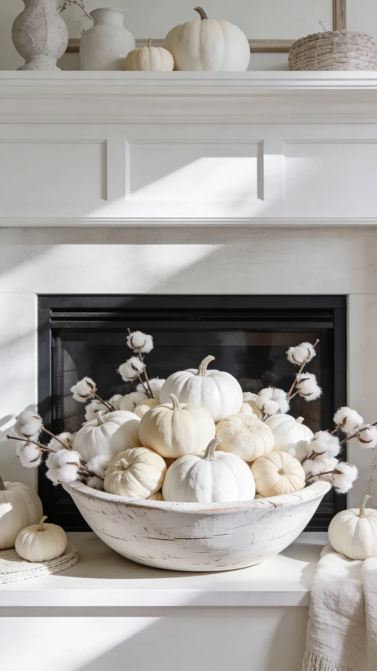 Use a White Dough Bowl - white and cream fall mantel decor idea