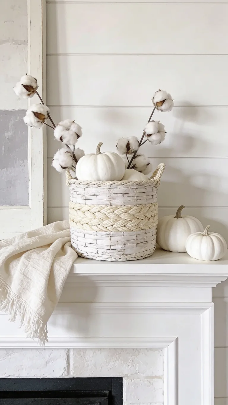 Add Woven Pale Baskets - white and cream fall mantel decor idea