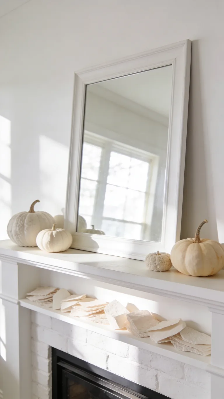 Lean a Soft White Mirror or Art - white and cream fall mantel decor idea