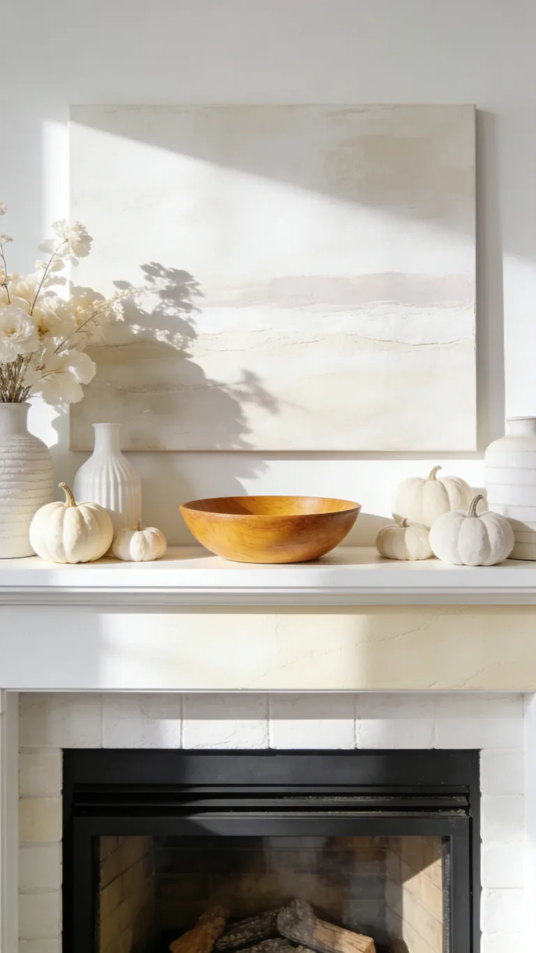 Add Gentle Warmth With Wood Tones - white and cream fall mantel decor idea