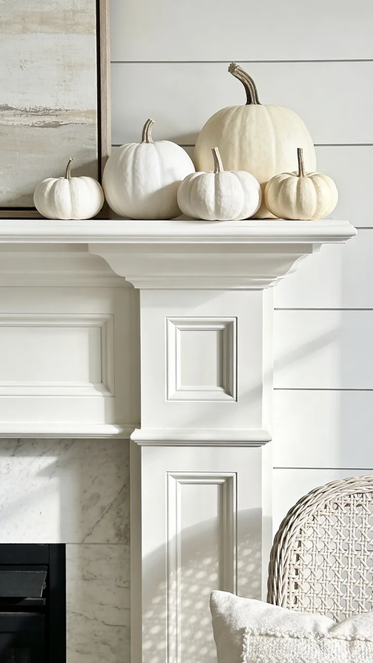 Use White Pumpkins - white and cream fall mantel decor idea