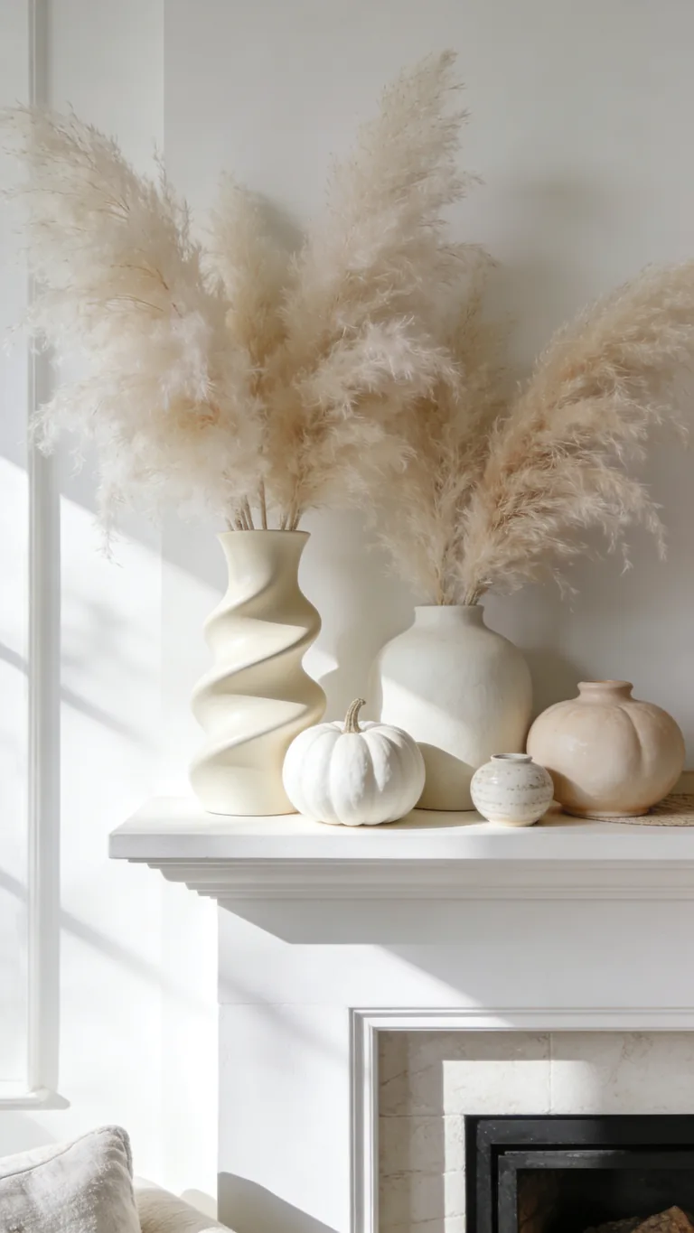 Keep Shapes Soft and Rounded - white and cream fall mantel decor idea
