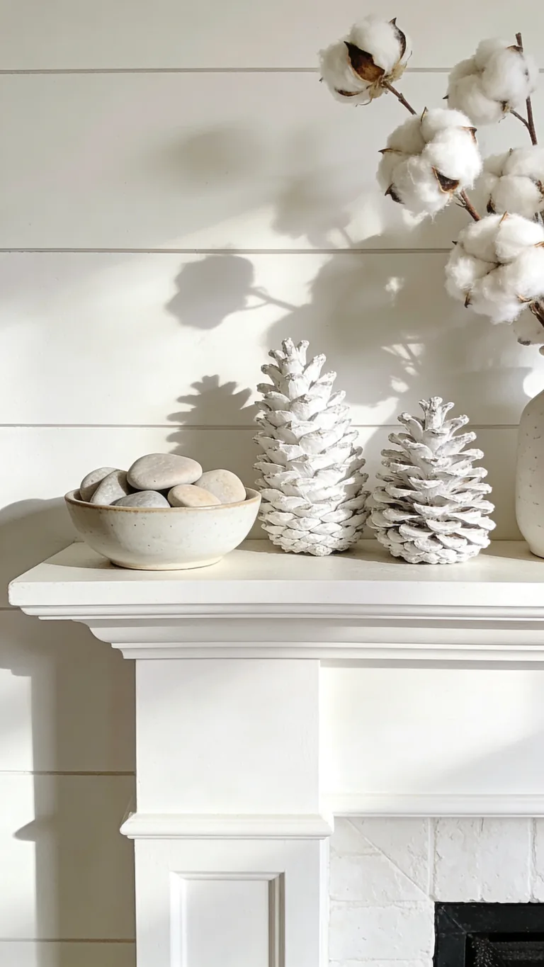Add a Few Natural Accents - white and cream fall mantel decor idea