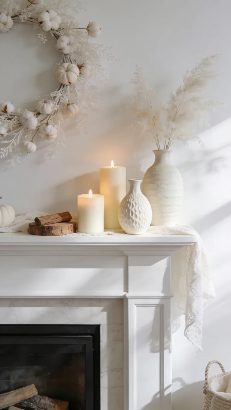 Keep It Cozy, Not Cold - white and cream fall mantel decor idea