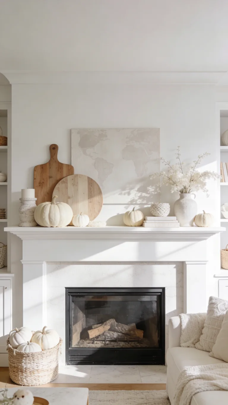 Echo Your Bright Living Room - white and cream fall mantel decor idea