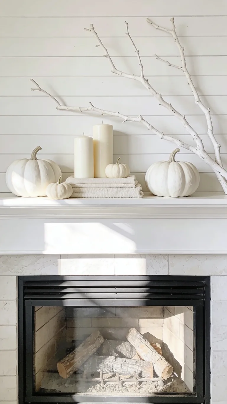 Finish With Bright, Serene Calm - white and cream fall mantel decor idea