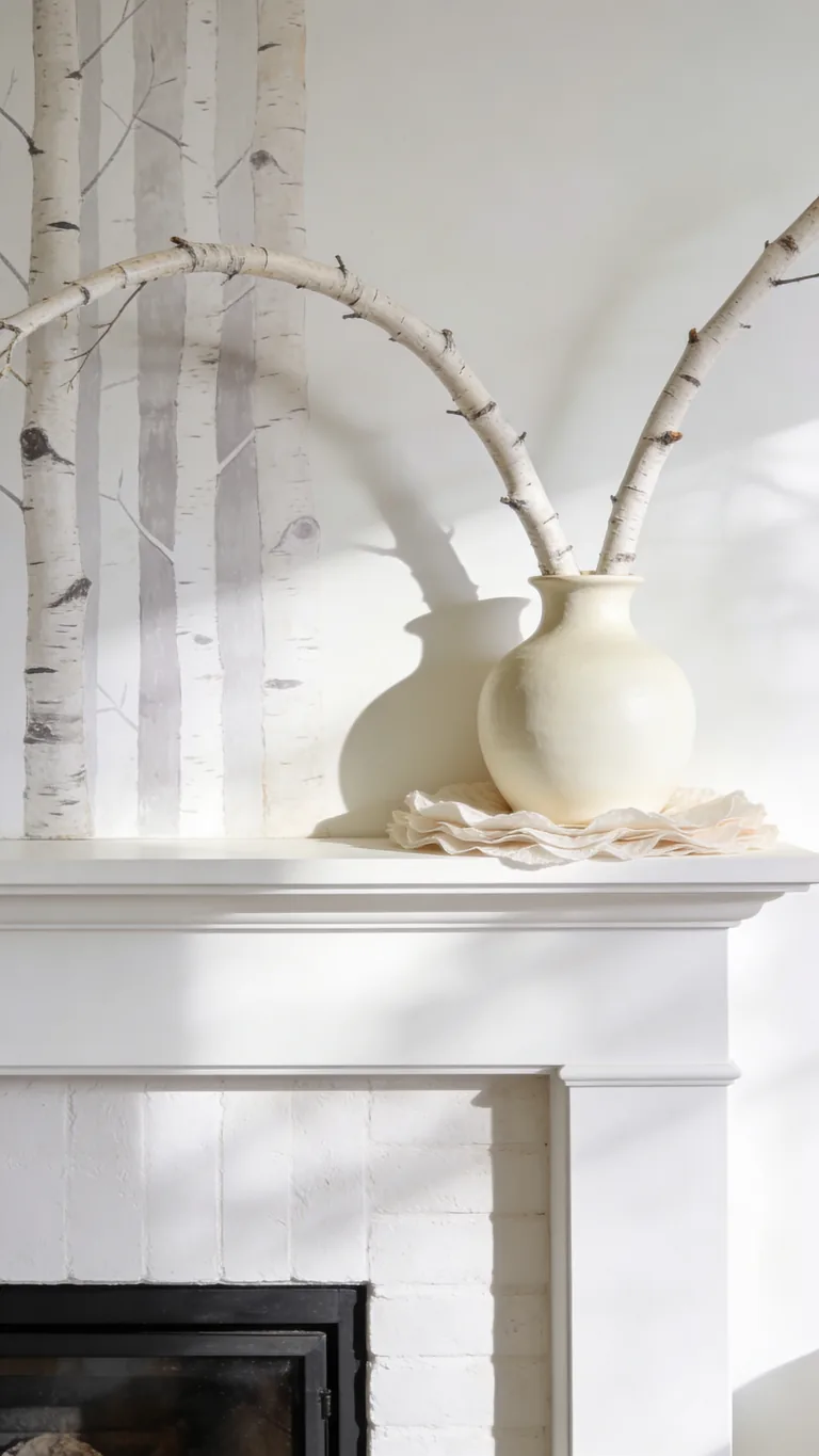 Add Bleached Branches - white and cream fall mantel decor idea
