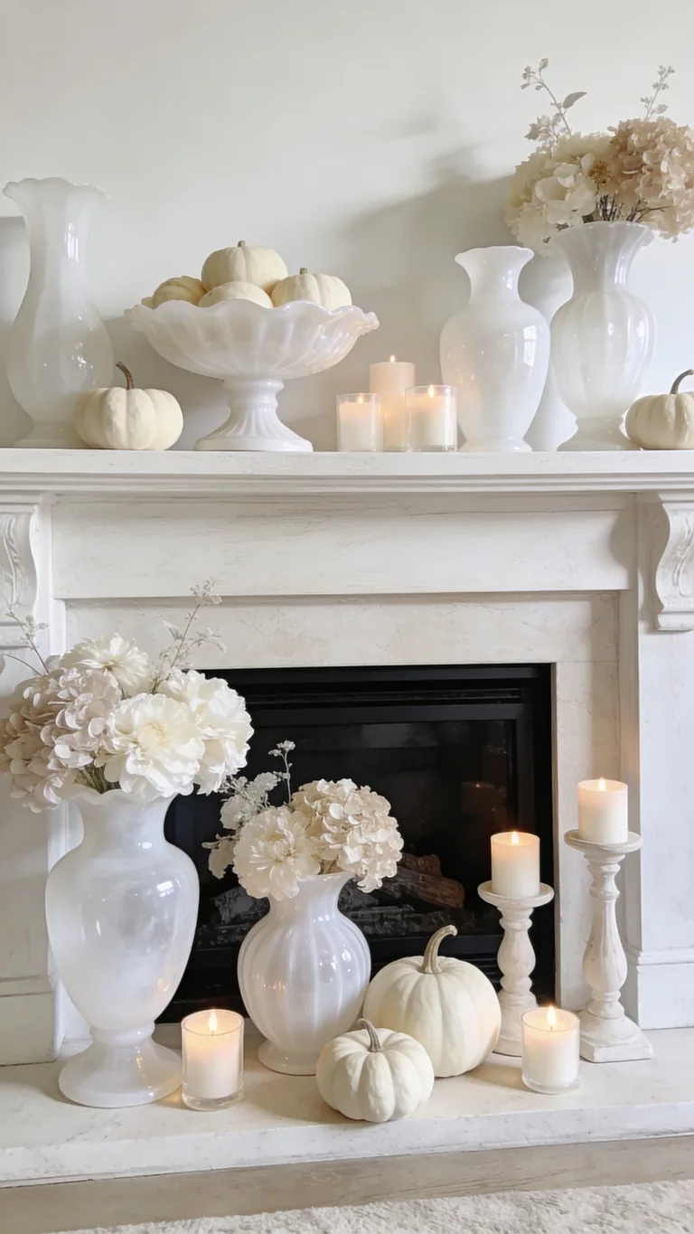 Add Milk Glass - white and cream fall mantel decor idea