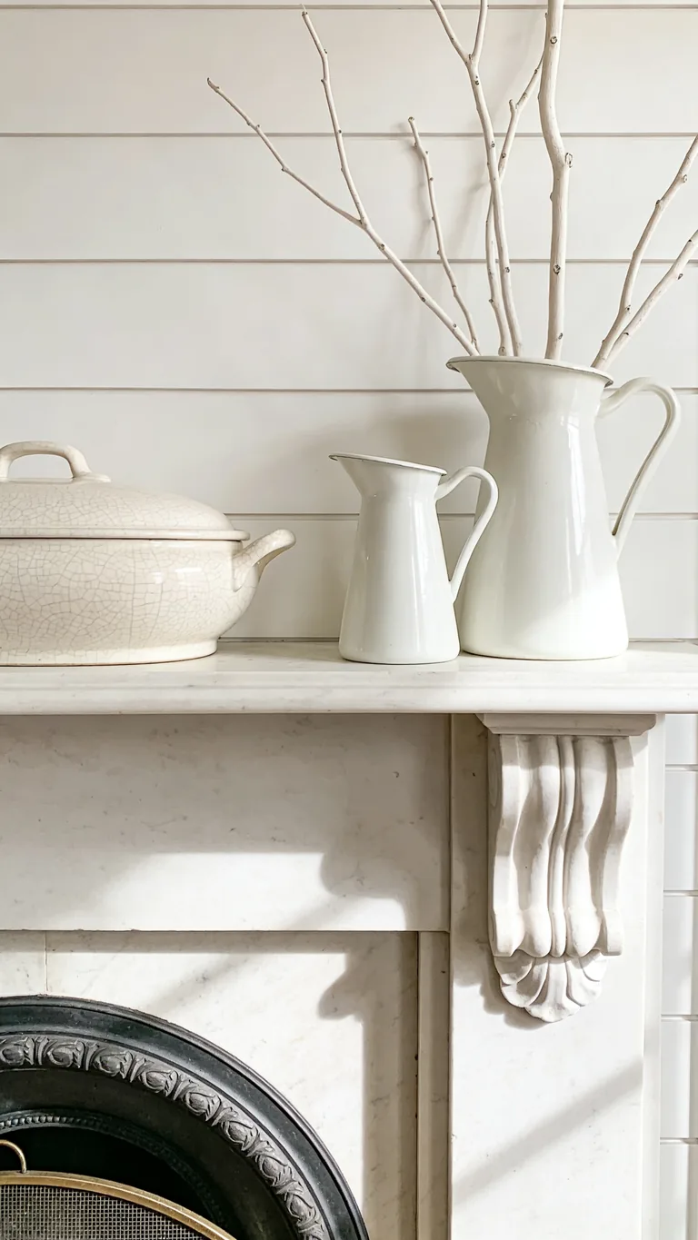 Add Ironstone Pitchers - white and cream fall mantel decor idea