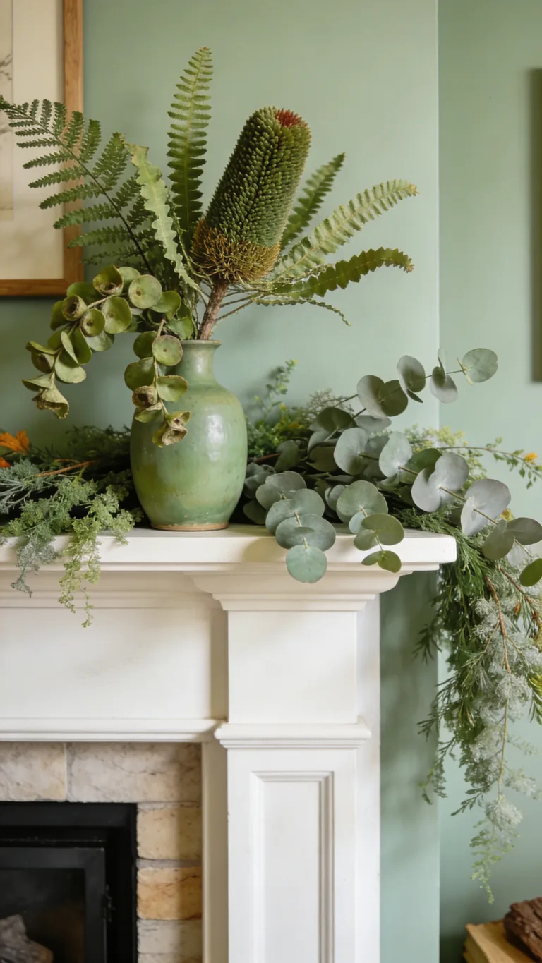 Add Dried Green Botanicals - sage green fall mantel decor idea