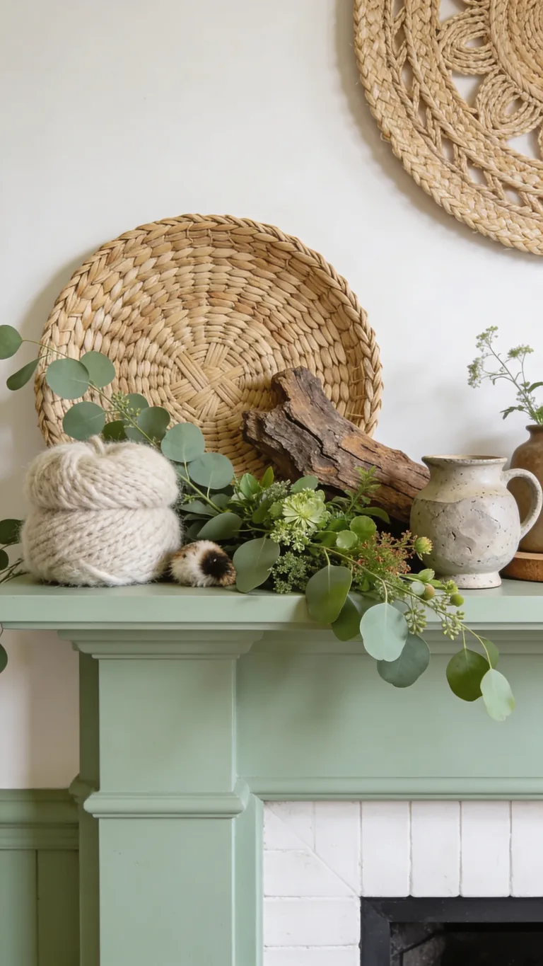 Mix in Natural Texture - sage green fall mantel decor idea