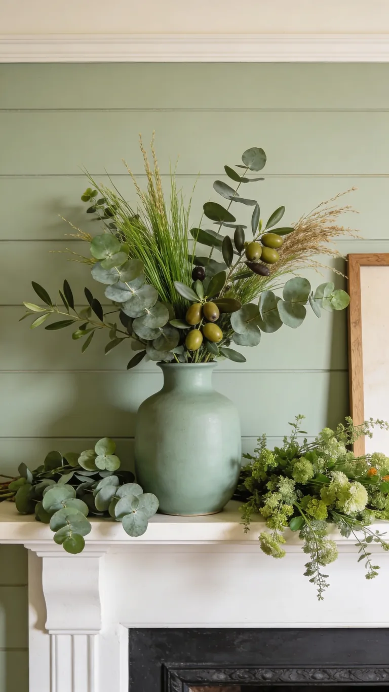 Add a Sage Vase Arrangement - sage green fall mantel decor idea