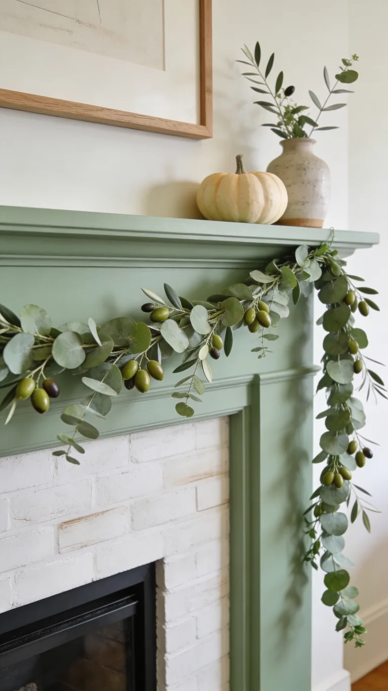 Try a Soft Green Garland - sage green fall mantel decor idea