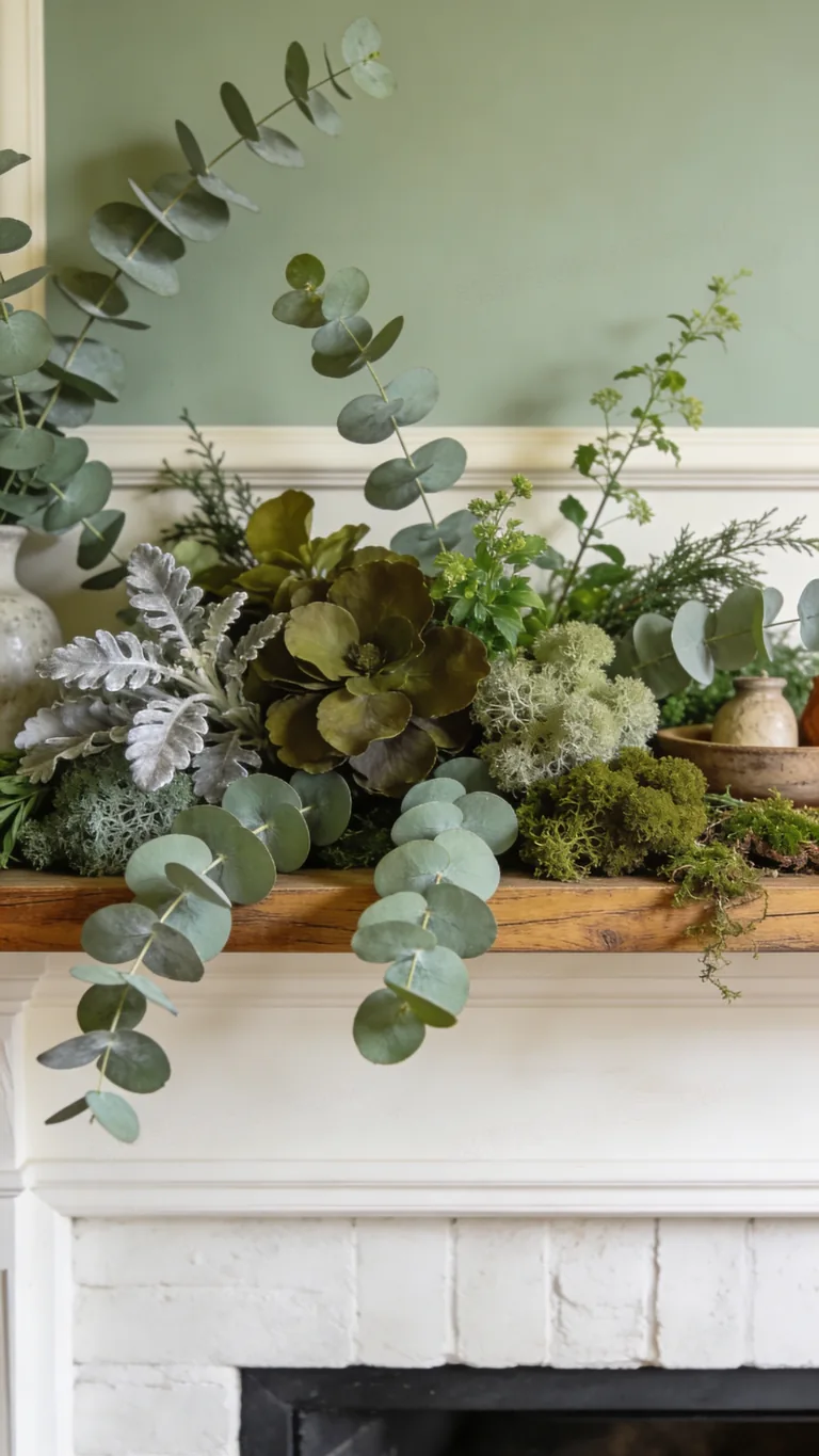 Add Tonal Green Layers - sage green fall mantel decor idea