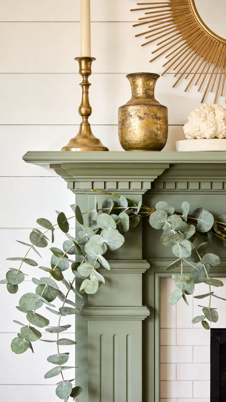 Add Brass for Warmth - sage green fall mantel decor idea