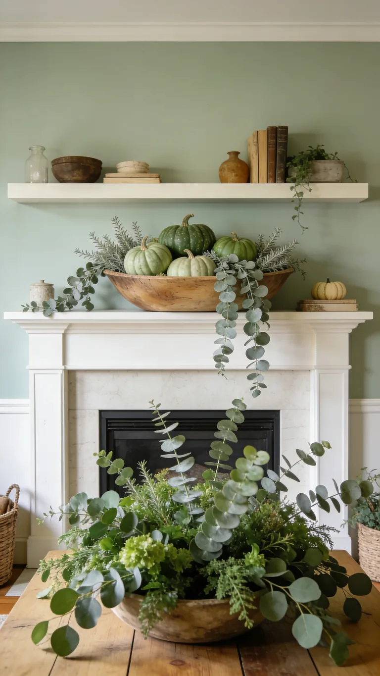 Use a Dough Bowl of Green - sage green fall mantel decor idea