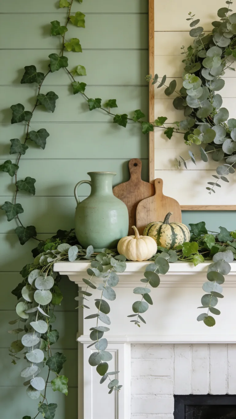 Add Trailing Greenery - sage green fall mantel decor idea