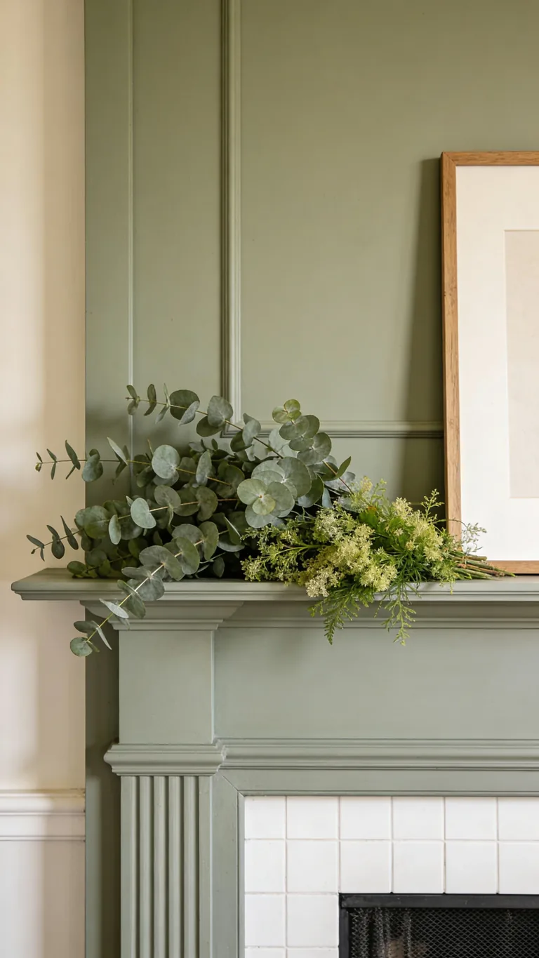 Keep It Soft and Muted - sage green fall mantel decor idea