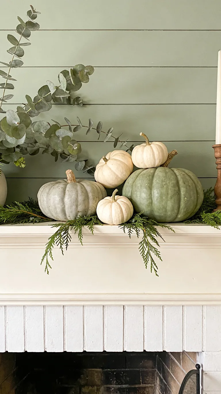Use Sage and Green Pumpkins - sage green fall mantel decor idea