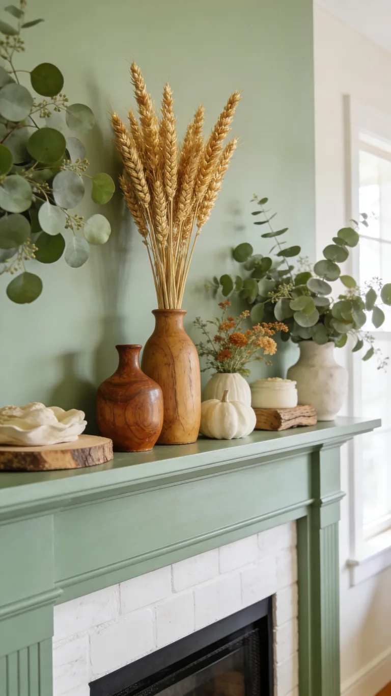 Add a Few Warm Accents - sage green fall mantel decor idea